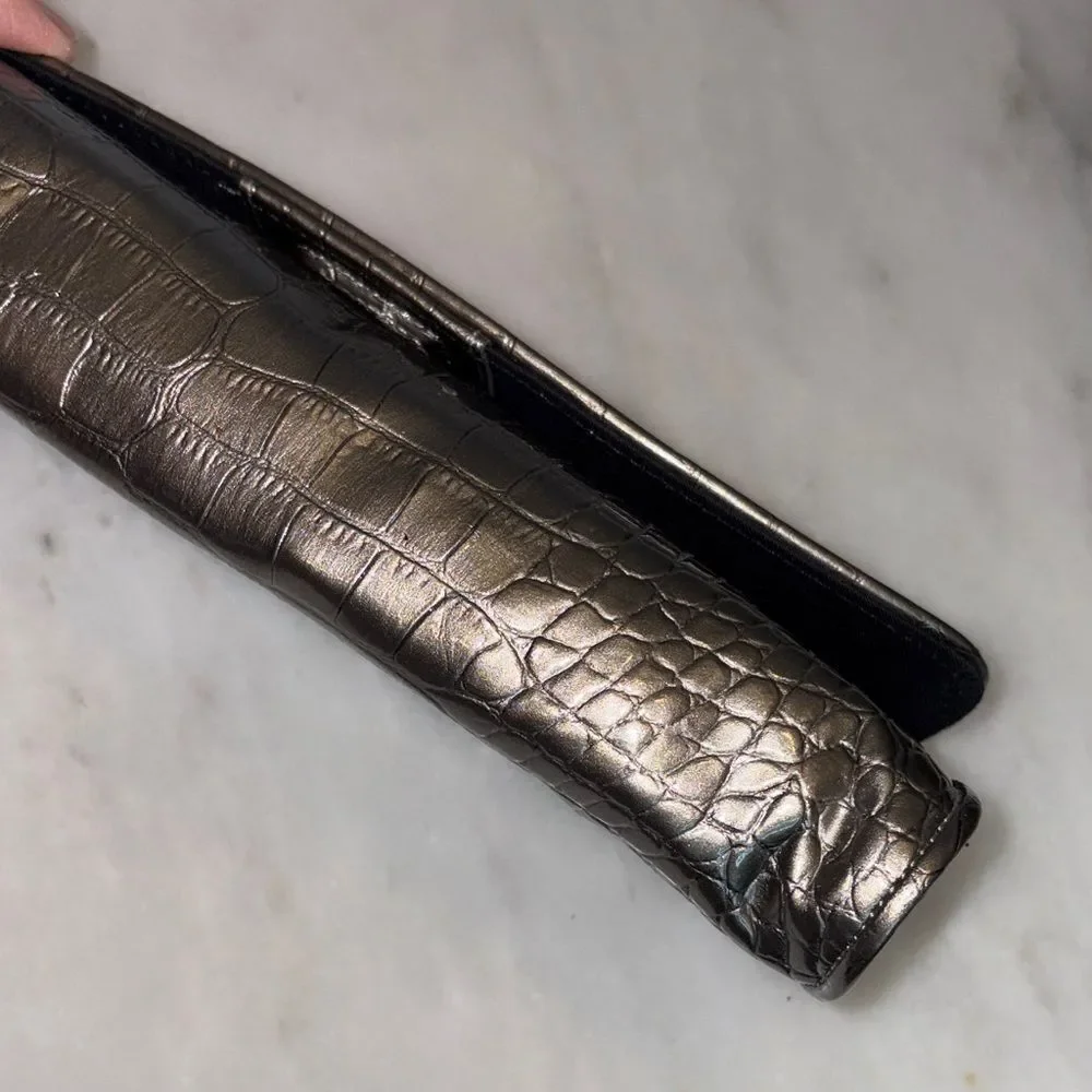 Ann Taylor LOFT purse silver metallic crocodile-embossed envelope clutch bag